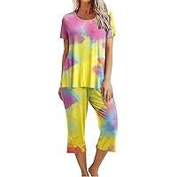 2024 Womens Capri Pajamas Sets Short Sleeve Shirt Crop Pants Sleepwear Cute Print Pjs Comfy Loungwear Soft Nightwear
