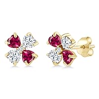 Gem Stone King 18K Yellow Gold Plated Silver Red Created Ruby White Moissanite and White Lab Grown Diamond Earrings For Women | 2.15 Cttw | Gemstone July Birthstone | Heart Shape 4MM