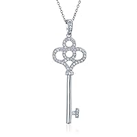 Bling Jewelry Romatic Key to Her Heart Vintage Style Pave Cubic Zirconia CZ Clover Key Pendant Necklace For Women 14K Gold Plated .925 Sterling Silver