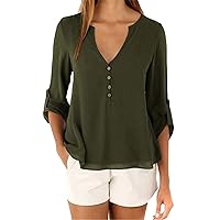 Womens Chiffon Shirt Solid Color V-neck Loose Blouse Plus Size 3/4 Roll Long Sleeves Tunics Tops With Buttons