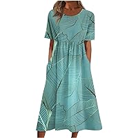 Dresses for Women 2024 Trendy Summers Printed Pleated Round Neck Midi Dresses Outdoor Short Sleeve Loose Dresses