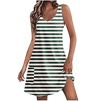 Women's V Neck Striped Dresses Classic Sleeveless Tank Dress Loose Swing Summer Short Dress Casual Beach Resort Sun Dress