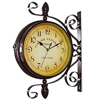 Wrought Iron Antique-Look Brown Round Wall Hanging Double Sided Two Faces Retro Station Clock Round Chandelier Wall Hanging Clock with Scroll Wall Side Mount Home Décor Wall Clock 8-inch