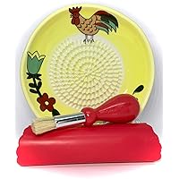 All-in-one 4 pcs Set, Premium Ceramic Garlic Grater Set - Hand-Made, Rooster Design Grater Plate w/Garlic Peeler, Gathering Brush, Display Stand, It's also grating Turmeric, Ginger, and more,