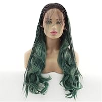 Synthetic Front Wigs African American Women with Long Twist Braids and Baby Hair Body Wavy Black Wig Synthetic Green Wig Colorless Wig,28 inches