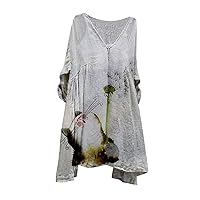 Women's Cotton Linen Dress Summer Boho Floral 3/4 Sleeve V Neck Flowy Loose Casual Beach Dresses Comfy Tunic Dress