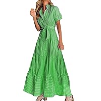 Spring Long Dresses for Women 2024,Women Dress Stripe Print Turn Down Short Sleeve High Rise Maxi Dress Dress A