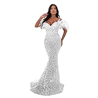 Off Shoulder Sweetheart Mermaid Prom Dresses 2024 Long Sparkly Sequin Feathers Sheath Formal Evening Party Gowns with Train