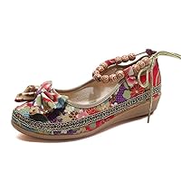 Women's Beading Round Toe Embroidered Shoes Lace Up Colorful Casual Flats Shoes