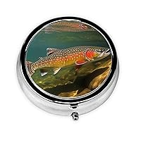 Brook Trout Fly Fishing Print Round Pill Box 3 Compartment Portable Mini Pill Case Metal Pill Organizer Pill Container for Pocket Purse Office Travel, Black