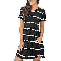 Casual Dresses for Women Solid Crewneck Short Sleeve High Waist Pleated Soft Loose Comfort Basic Dress with Pocket