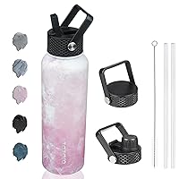 BJPKPK Insulated Water Bottles with Straw Lid, 40oz Stainless Steel Water Bottles with 3 Lids, Large Metal Water Bottle, BPA Free Leakproof Thermos Water Bottle for Sports & Gym- Blossom
