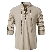Mens Stand Collar T-Shirt Casual Lace-up V Neck Shirts Rolled Long Sleeve Plain T Shirt Slim-fit Pullover Tee Tops