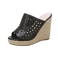 Ladies Fashion Summer Solid Color Hollowed Out Leather Open Toe Sloping Heel Thick Sole Sandals(Black,Size 8)