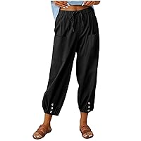 Womens Capri Pants Casual Tapered Harem Pants Baggy Linen Cropped Pants Cinch Bottom Drawstring Pants with Pockets Slacks