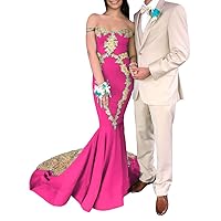 Women's Mermaid Prom Dresses Gold Lace Appliques Party Evening Gowns
