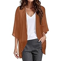 Kimono Cardigans for Women Lightweight Solid Puff Sleeve Chiffon Open Front Cardigan Sheer Beach Vacation Cover Up Top