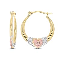 14K Gold Solid Hypoallergenic Heart Hoop Earrings - Tricolor Gold, Two Tone, Heart Shaped, Triple Heart, Shrimp Hoops