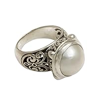 NOVICA Artisan Handmade Cultured Freshwater Pearl Cocktail Ring Mabe .925 Sterling Silver White Indonesia Birthstone Moon 'Graceful Moon'