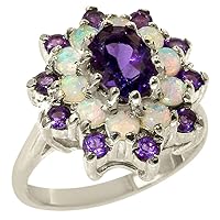 14k White Gold Real Genuine Amethyst and Opal Womens Band Ring