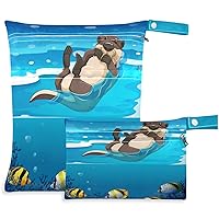 visesunny Cute Otter Fish Animal 2Pcs Wet Bag with Zippered Pockets Washable Reusable Roomy Diaper Bag for Travel,Beach,Pool,Daycare,Stroller,Diapers,Dirty Gym Clothes,Wet Swimsuits,Toiletries