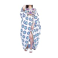Kaftan Dresses for Women - Long Sleeved Bohemian Moroccan Print Maxi Dress (Large) White Blue