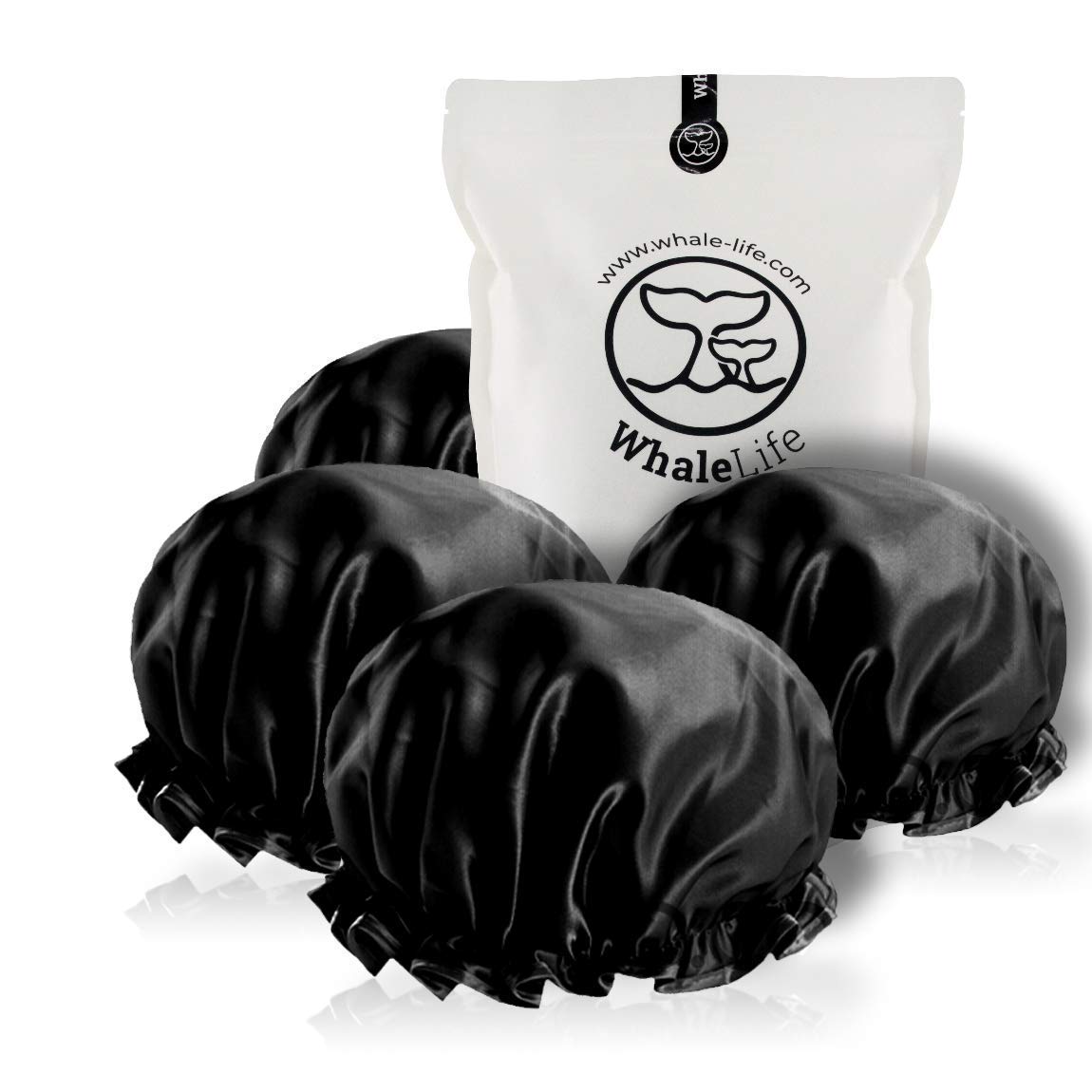 Shower Cap Black Double Layer 4pack & Bath loofah Sponge White 4pack for Men & Women