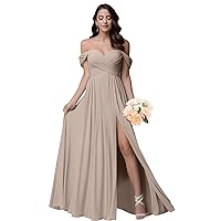 Off The Shoulder Bridesmaid Dresses Chiffon Formal Evening Dress A Line Pleated Prom Dress Long with Slit MA106