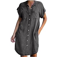 Knee Length Denim Dress for Women Summer Plus Size Button Down Shirt Dress Soft Loose Fit Casual Jean Short Dress