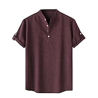 Mens Cotton Linen Henley Shirt Summer Lightweight Banded Collar Tops Loose Fit Button Down Tees Short Sleeve Shirts