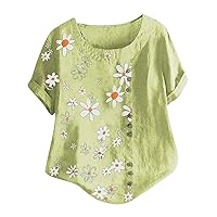 Linen Tops for Women Bohemian Casual Print Patchwork Loose Fit with Short Sleeve Round Neck Summer Shirts