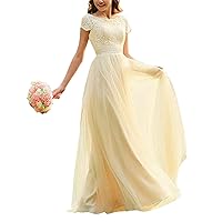 Women's Cap Sleeve Lace Tulle Bridesmaid Dresses Long Prom Wedding Guest Dress