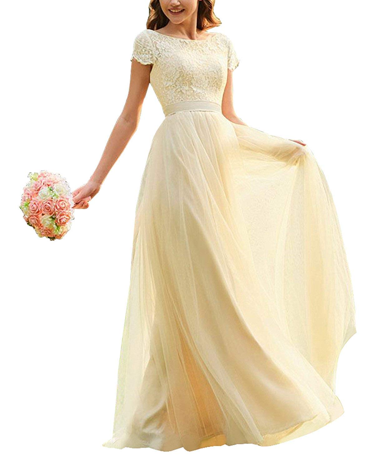Gricharim Women's Cap Sleeve Lace Tulle Bridesmaid Dresses Long Prom Wedding Guest Dress
