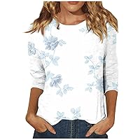 Floral Tops for Women Three Quarter and Long Sleeve Crewneck Casual Printed Blouses Loose Trendy Clothes