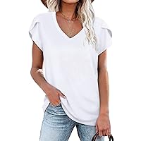 WNEEDU Womens T Shirts Petal Sleeve V Neck Casual Tees Summer Basic Tops