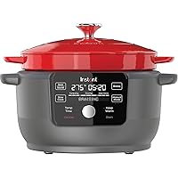 6-Quart 1500W Electric Dutch Oven with Recipe Book - Braise, Slow Cook, Sear, Warm, Red Enameled Cast Iron