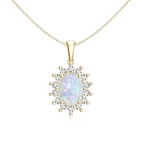 Natural Opal Oval Shaped Diana Pendant Necklace with Diamond for Women in Sterling Silver / 14K Solid Gold