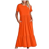 Prime Deals Today Beach Dresses for Womens Casual Short Sleeve Summer Long Dresses with Pockets Solid Flowy Swing Tiered Maxi Dress Robe Femme ETE Orange