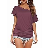 Womens Summer Off Shoulder Tops Fashion Casual Loose Short Sleeve T Shirts Trendy Sexy Cute Tunic Tee Tops15 Wine Red