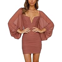 Women's Ruched Deep V Neck Bodycon Dress Mesh Sexy Club Night Out Party Backless Lantern Long Sleeve Mini Dresses