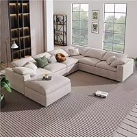 Oversized Modular Cushions Sofa Movable Ottoman,L-Shaped Corner Low Back Deep Seat Spacious Sectional & Couch Convertible Sleeper Sofabed for House Apartment Living Room Sets, Beige