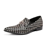 Men Black Premium Genuine Leather Loafers Slip on Block Heel Flats Checked Metal Decoration Casual
