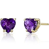 Peora Solid 14K Yellow Gold Amethyst Heart Stud Earrings for Women, Genuine Gemstone Birthstone Solitaire Studs, Hypoallergenic, 6mm Heart Shape 1.50 Carats total, Friction Back