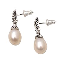 NOVICA Handmade .925 Sterling Silver Cultured Freshwater Pearl Dangle Earrings Buddhas Curl from Bali Indonesia Birthstone Bridal [0.9 in L x 0.3 in W x 0.3 in D] 'Classic Buddha's Curl'