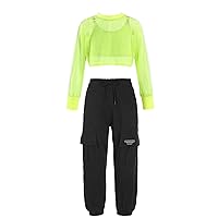 Girls 3Pcs Outfits Hollow Out Sweatshirt Crop Top with Cargo Pants Kids Sweatsuit Hip Hop Jazz Dance Clothing Set