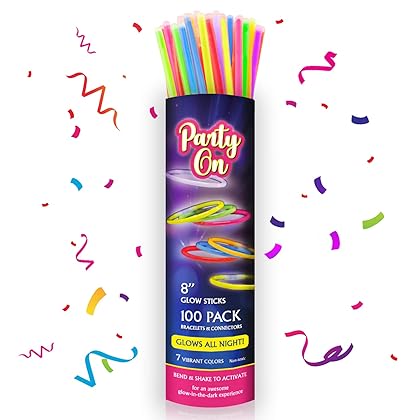 Party On Glow Sticks Bulk Party Supplies. 100 Pack. 8 Inch Glow in the Dark Sticks, Light Up Party Favors. Neon Glow Bracelets and Glow Necklaces with Connectors. Glow Party Decorations