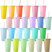 24 Pcs Pastel Tumblers Bulk 24 oz Plastic Tumblers with Lids and Straws Reusable Skinny Cups Plastic Tumbler Bulk Colored Cups with Lids and Straws for Parties Christmas Gifts