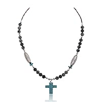 $250Tag Cross Turquoise Snowflake Obsidian Silver Certified Navajo Necklace 750237-8 Made by Loma Siiva