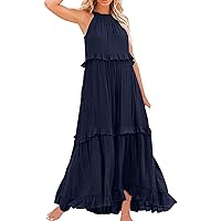 Maxi Dresses for Women 2024 Summer Casual Sleeveless Halter Ruffle Tiered Layered Long Dress Flowy Boho Sundresses