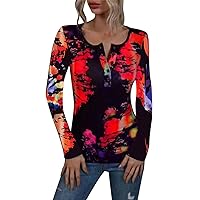 Long Sleeve Shirts for Women with Thumb Hole Packs Women's Fashion Slim Fit Tie Dye Printed Round Neck Button